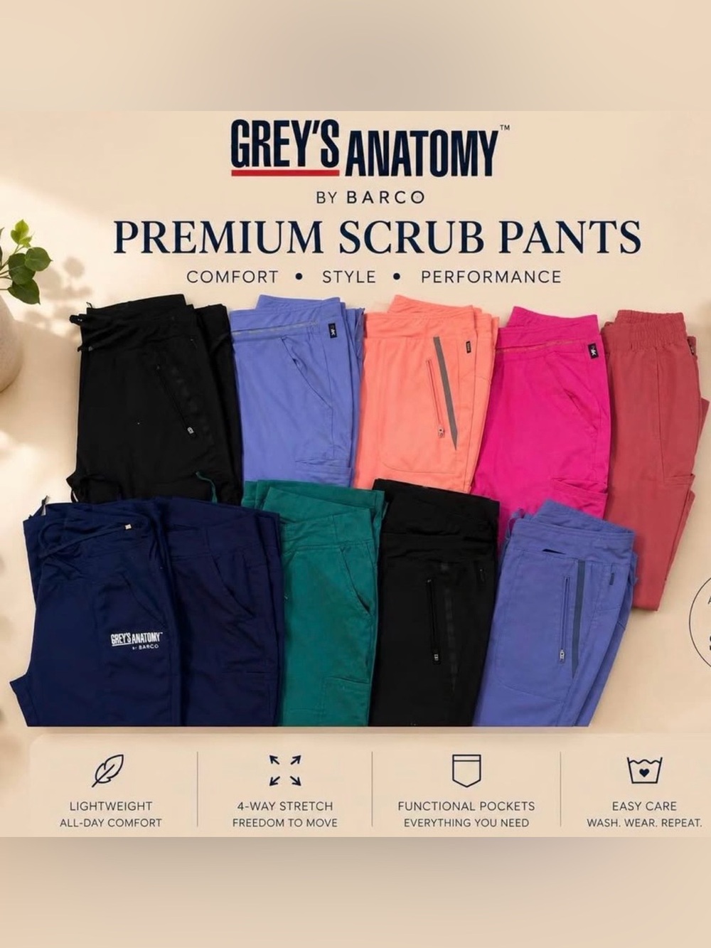Grey's Anatomy Women’s Scrub Pants - Black, Navy, Teal, Coral, Pink, Lavender